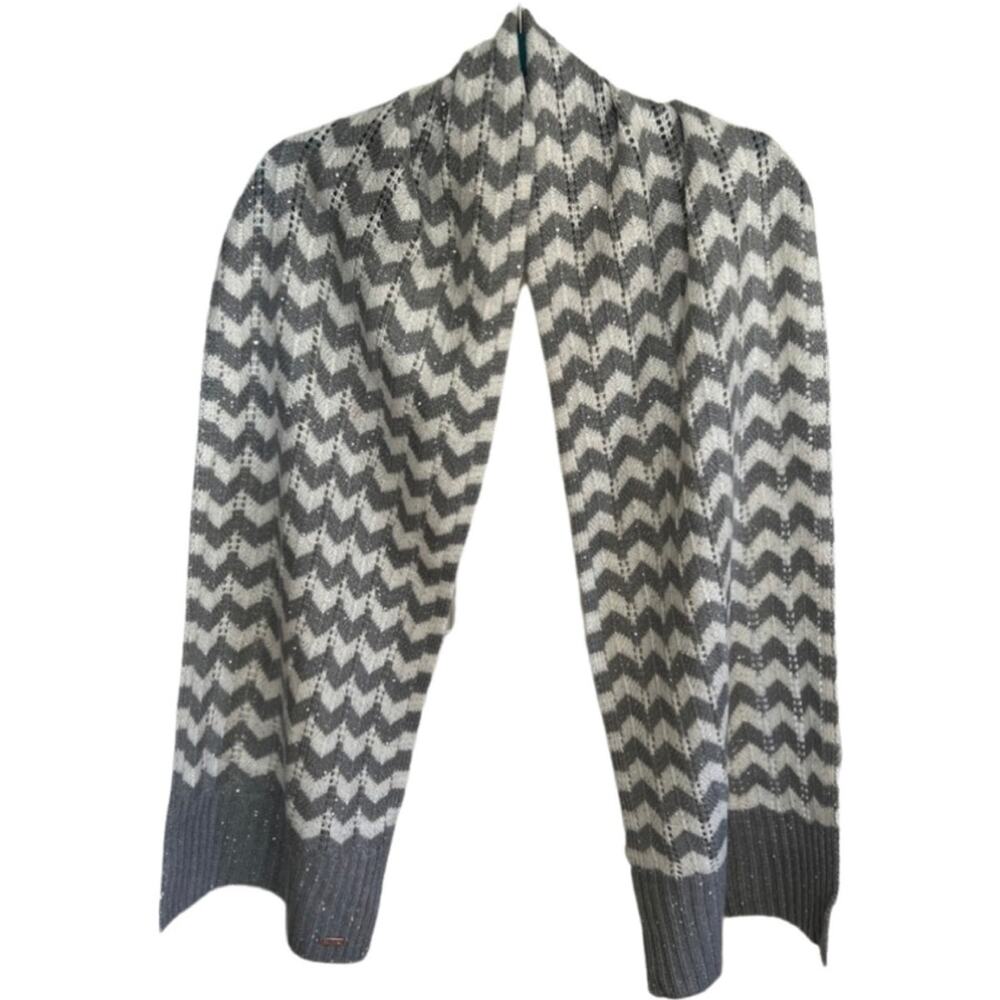 Calvin Klein Gray White Sparkle Sequin Herringbone Striped Knit Winter Scarf